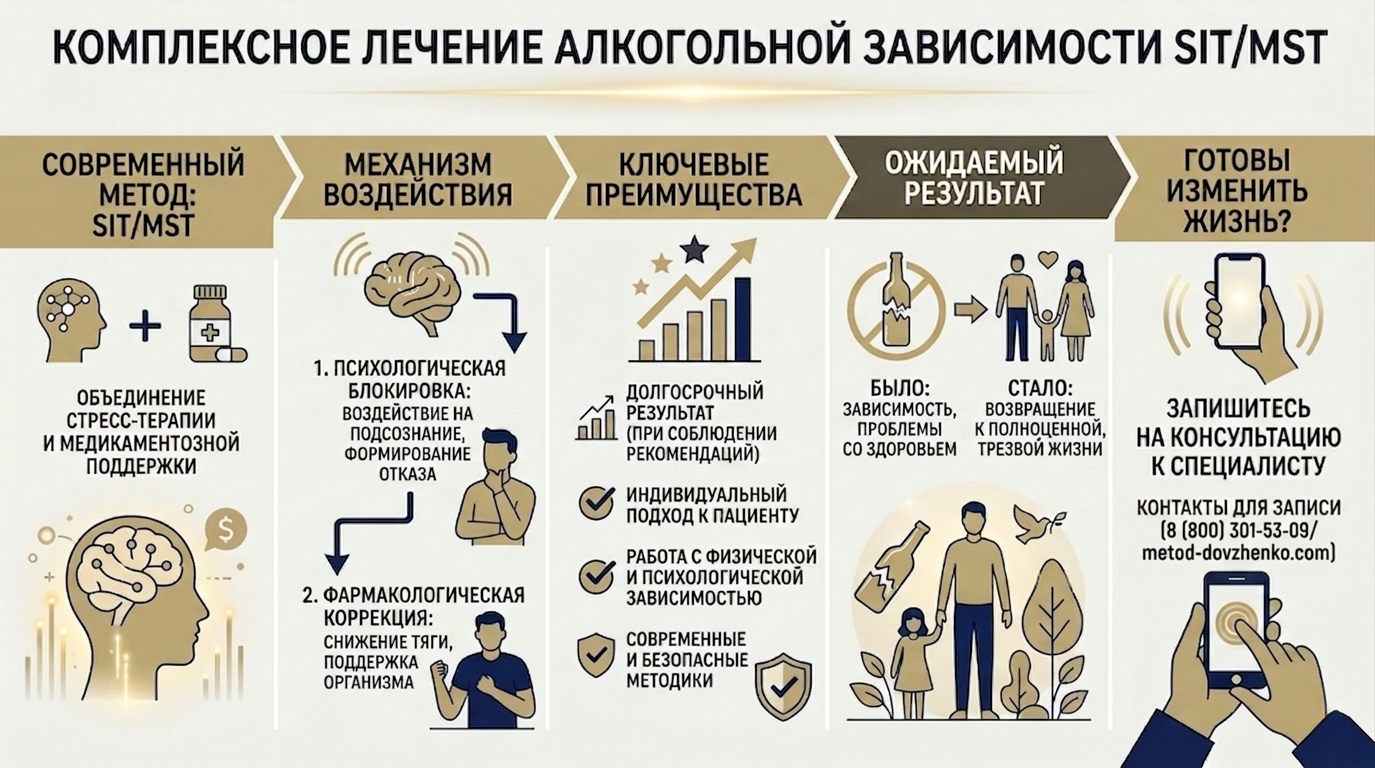 Инфографика с этапами комплексного лечения алкогольной зависимости — схема кодирования алкоголизма SIT/MST.